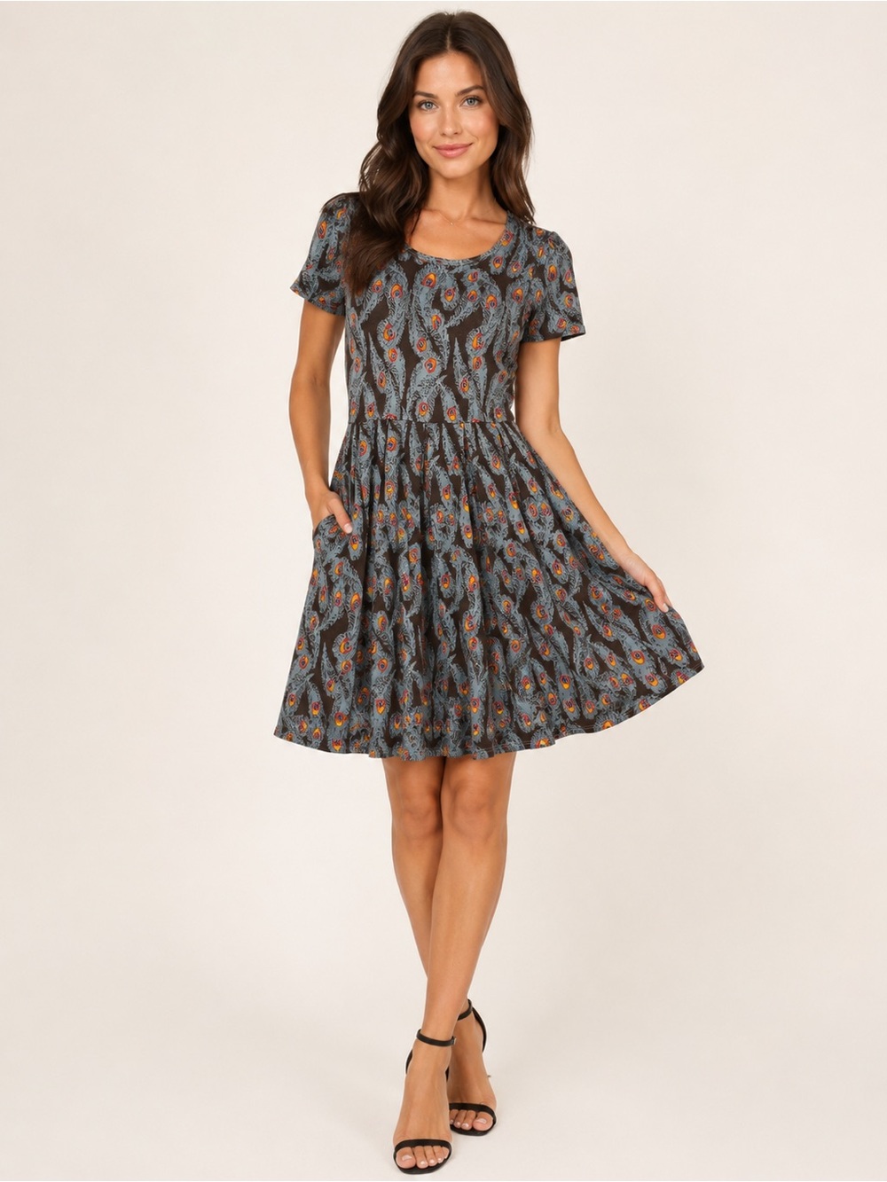 NWT LuLaRoe Amelia Knit Dress Size M Peacock Print Pleated Fit Flare Autumn Fall